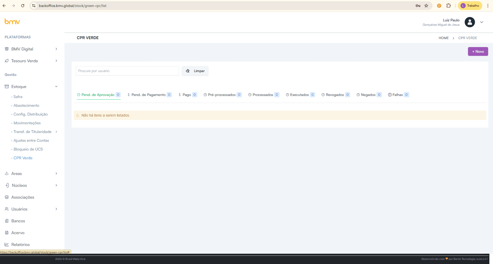 Kanban implementado, porém sem dados operacionais, impedindo validação prática dos fluxos.