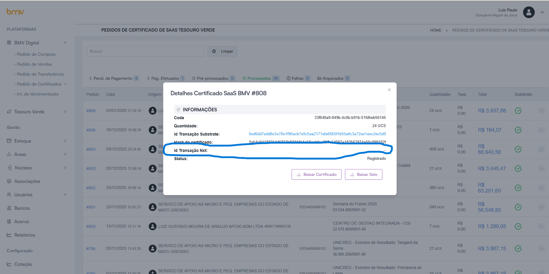 Campo 'ID Transação NXT' exibido indevidamente nos detalhes do certificado.